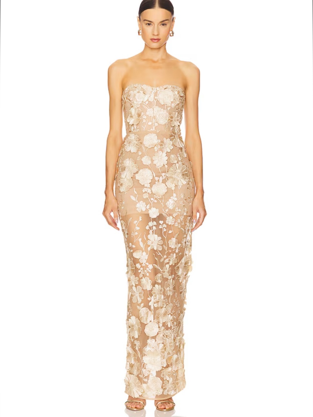 Bronx Banco Jasmine Strapless Nude Floral Lace Gown NWT